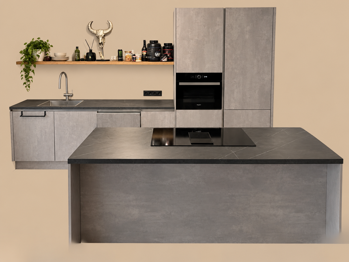 05626 - Betongrijze schiereiland keuken