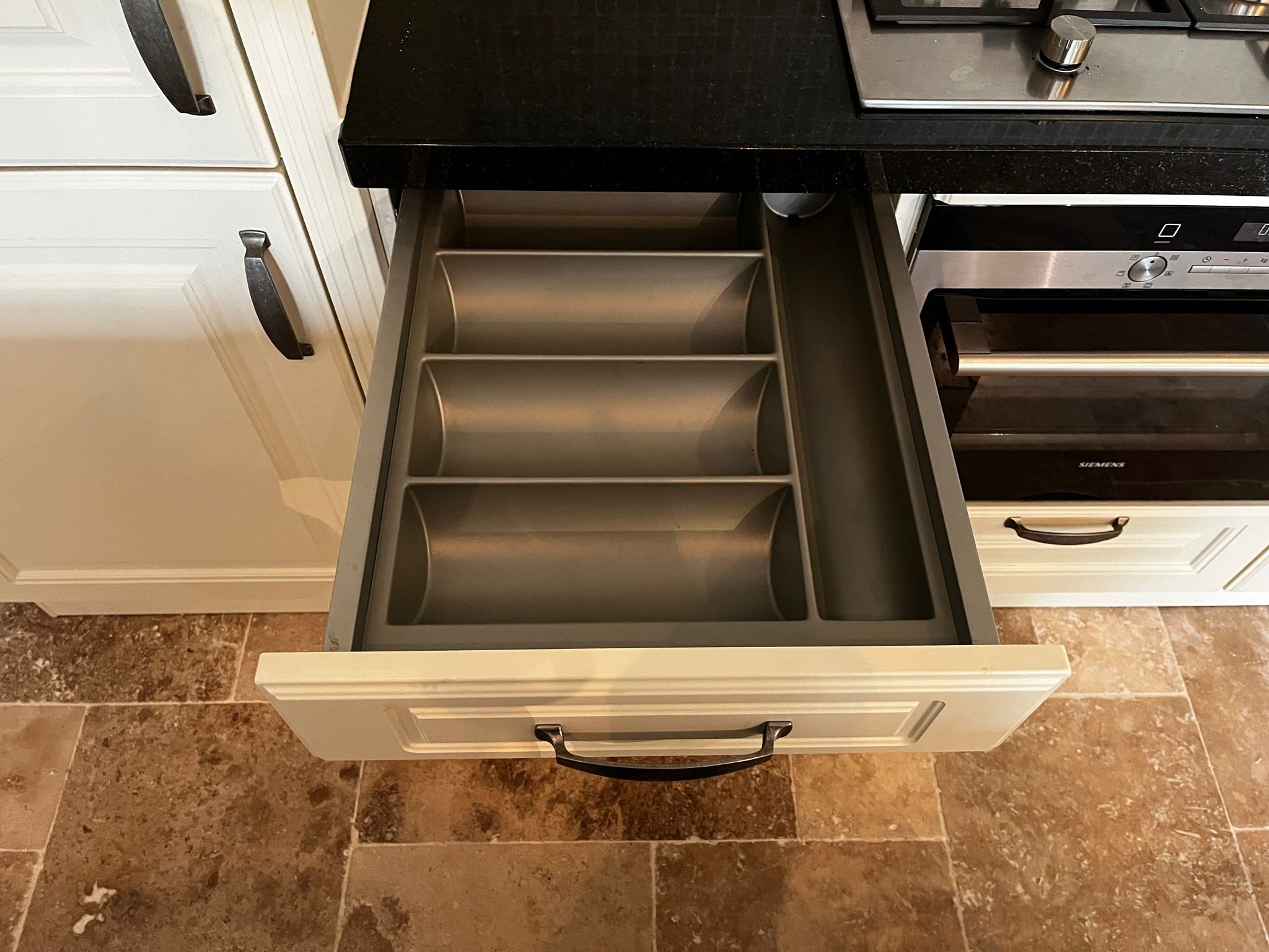 28280 - White country island kitchen with stone top 