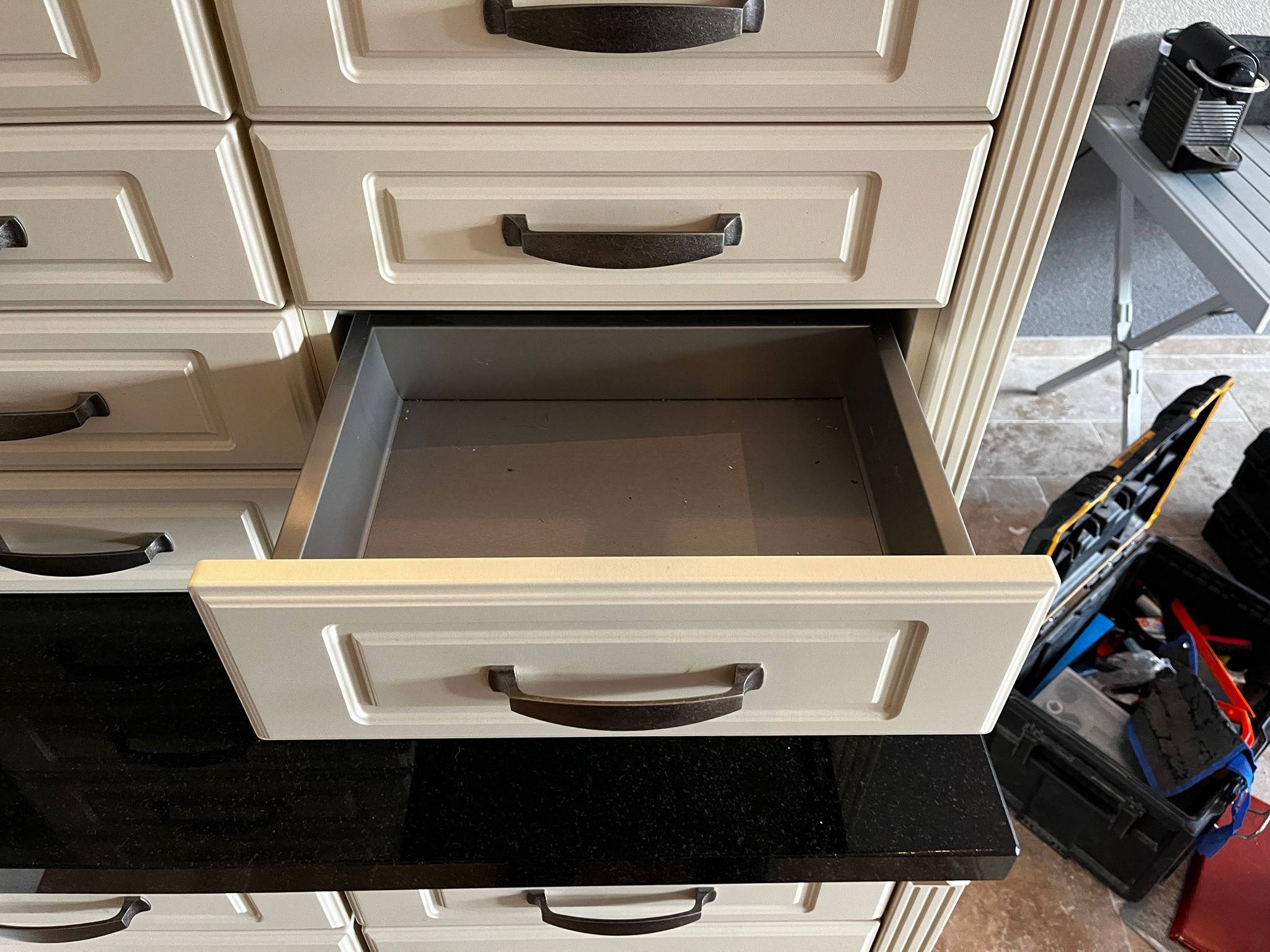 28280 - White country island kitchen with stone top 