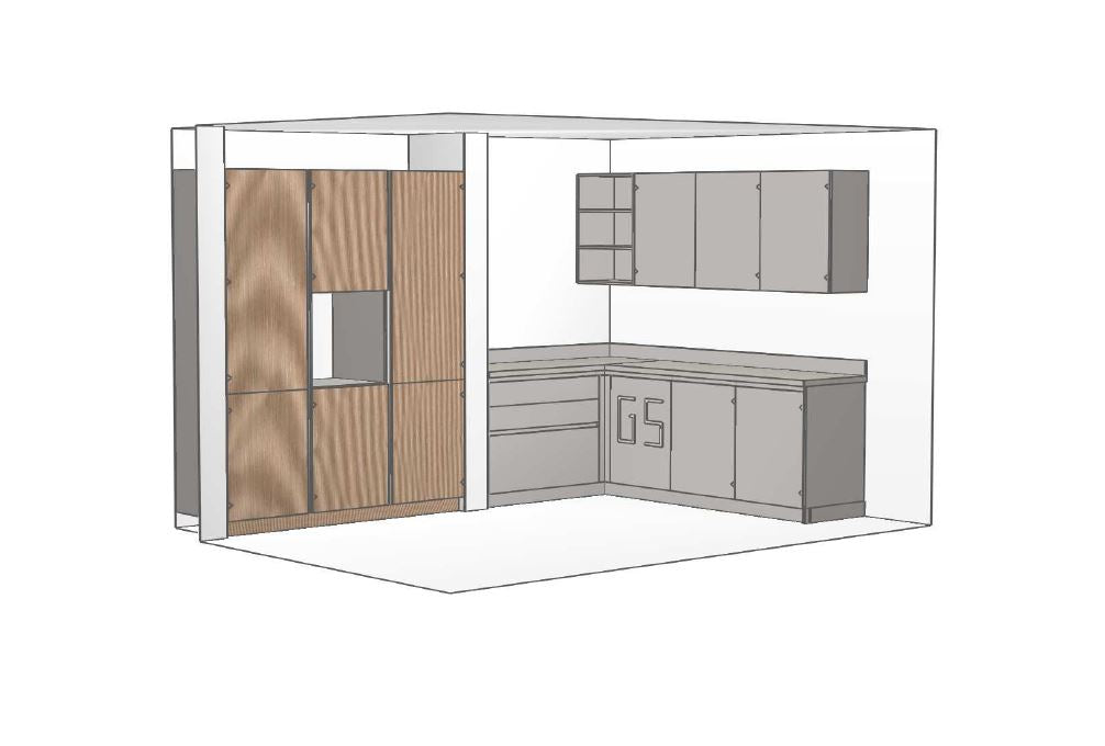 04819 - Schüller hoekkeuken in kiezelgrijs met houtlook kastenwand